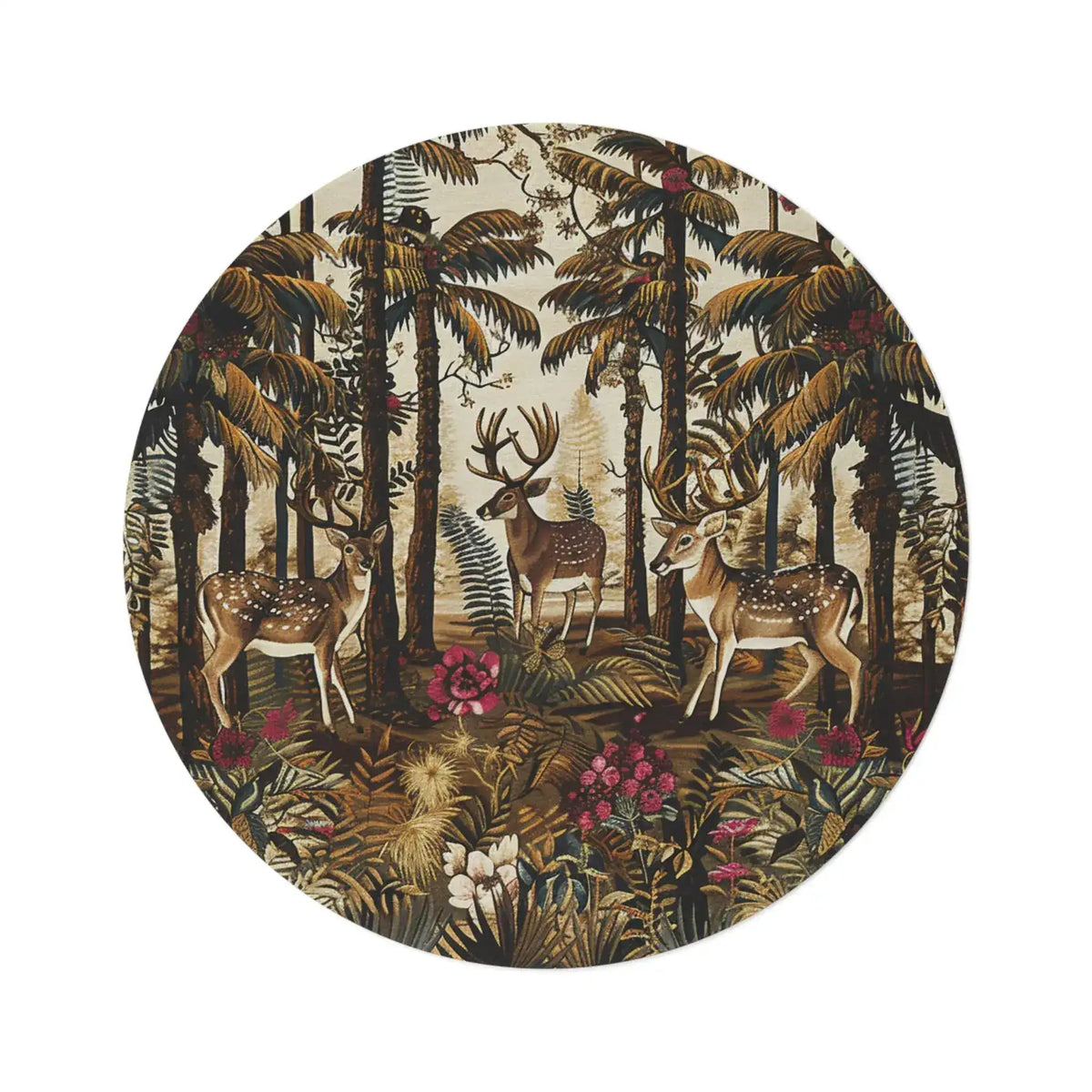 round rug with illustrated forest scene showing spotted deer among tall pine and palm trees on cream background flat view