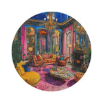 round rug with colorful maximalist painted interior scene blue walls chandelier arched windows pink drapes tropical plants flat view