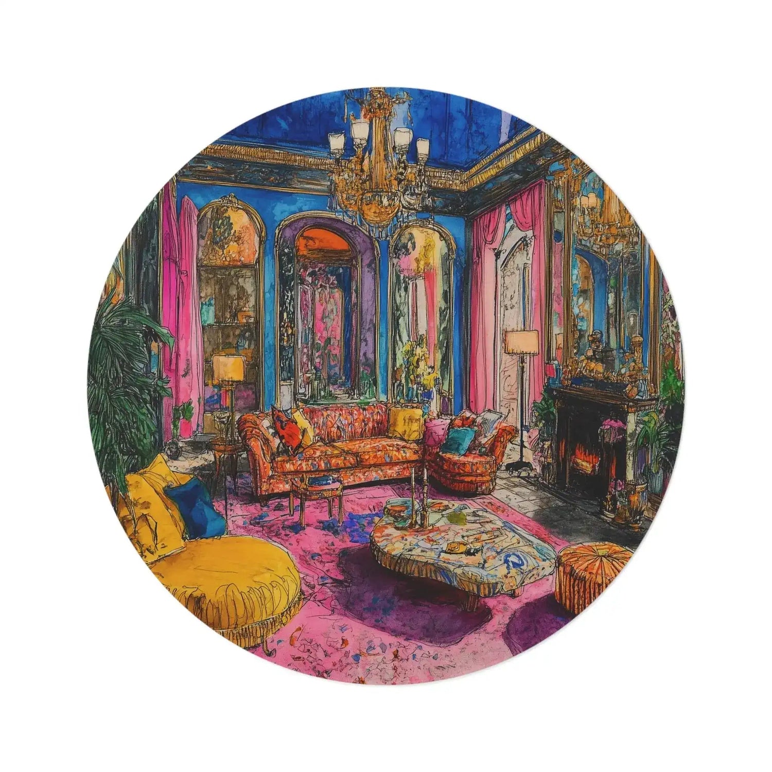 round rug with colorful maximalist painted interior scene blue walls chandelier arched windows pink drapes tropical plants flat view