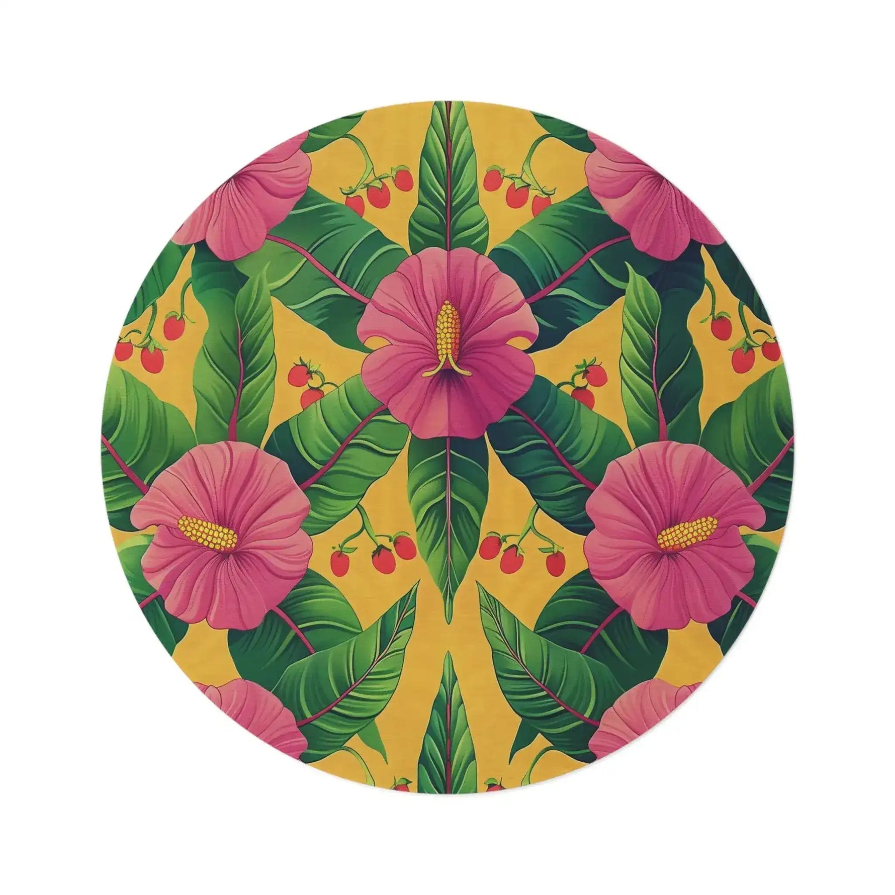round rug with large pink hibiscus blooms tropical leaves and red cherry clusters on golden yellow background flat view