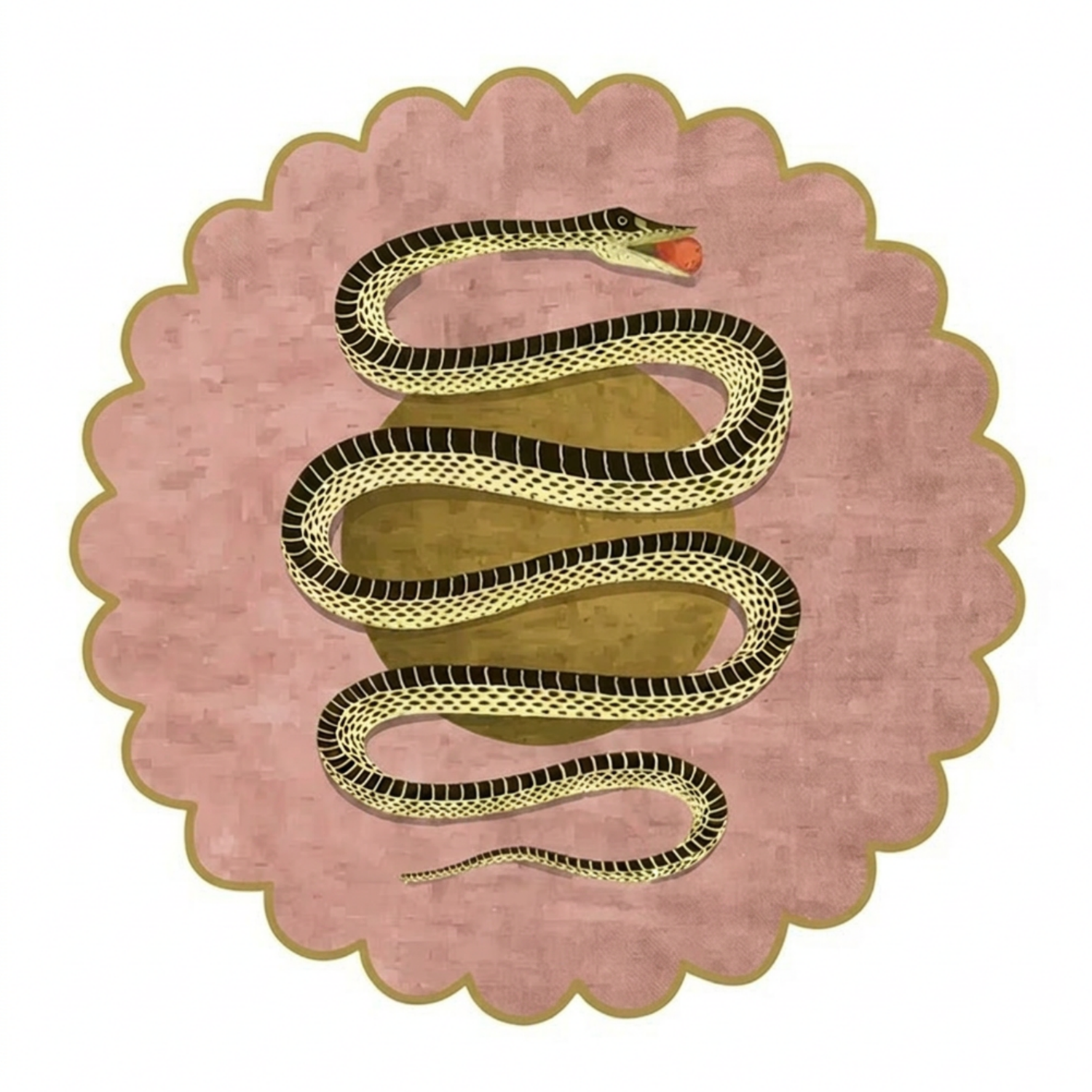 A decorative circular rug or mat featuring a coiled black and cream snake over a muted gold center, set on a dusty pink scalloped background with a thin olive border.