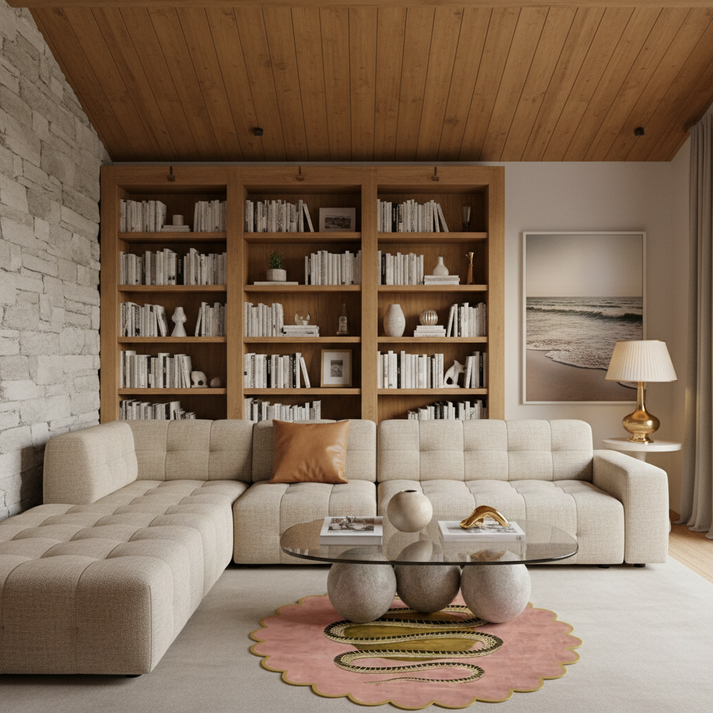 Scalloped Snake and Apple Round Hand Tufted Wool Rug- Blush Pink