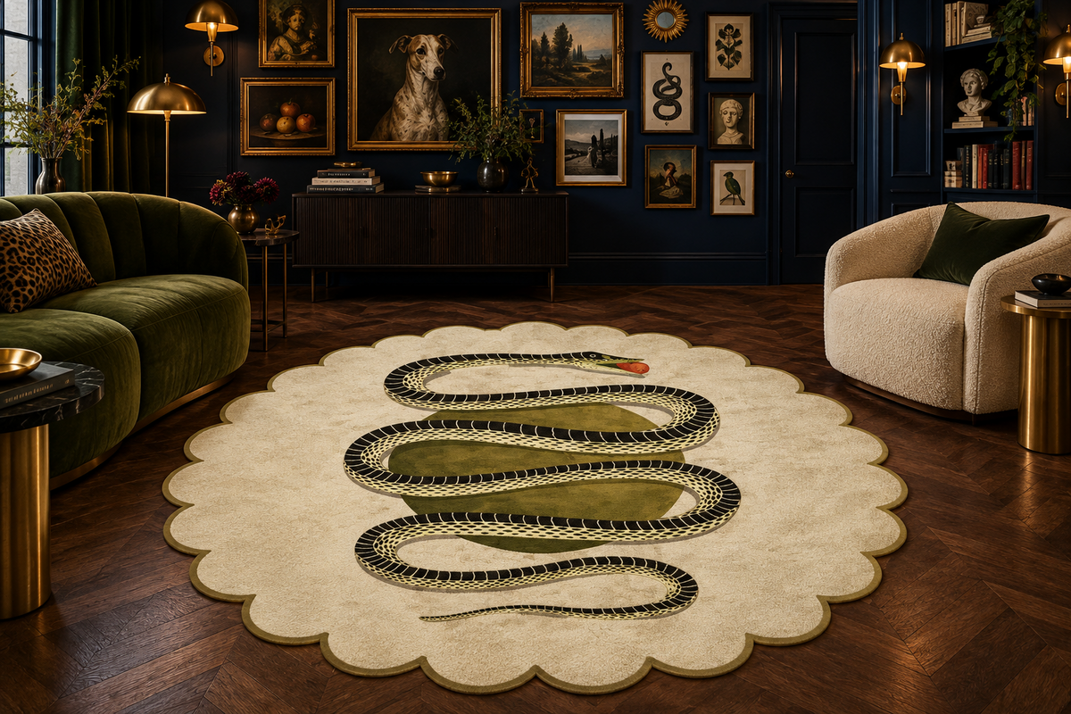 Scalloped Snake and Apple Round Hand Tufted Wool Rug- Ivory