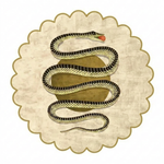 A decorative illustration of a black and cream snake coiled over a textured beige circular background with a scalloped border on a white field.