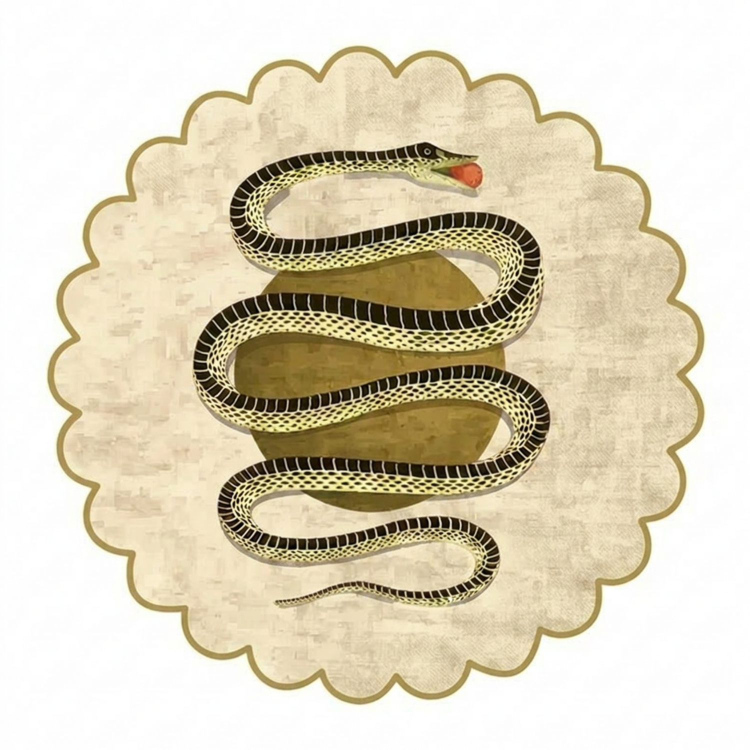 A decorative illustration of a black and cream snake coiled over a textured beige circular background with a scalloped border on a white field.