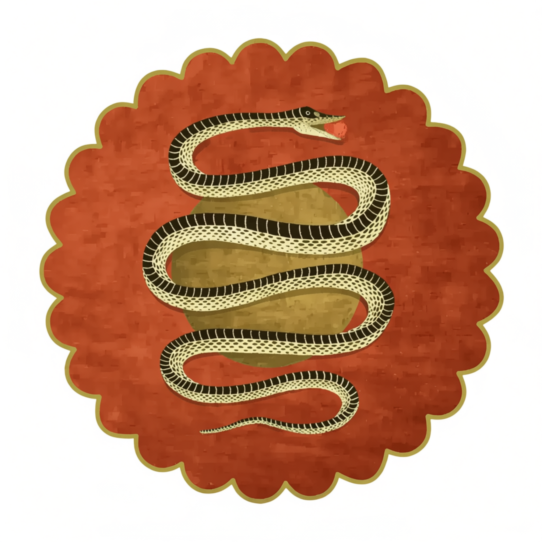 A decorative circular rug or mat featuring a stylized coiled snake in cream and black over a rust-red background with a scalloped edge.
