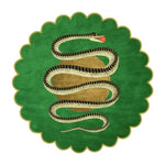 Round scalloped green snake rug with a black-and-cream striped serpent coiled over a golden apple, top view