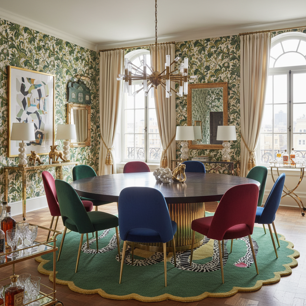 Round scalloped snake rug under a dining table with jewel-tone chairs in a floral wallpapered room