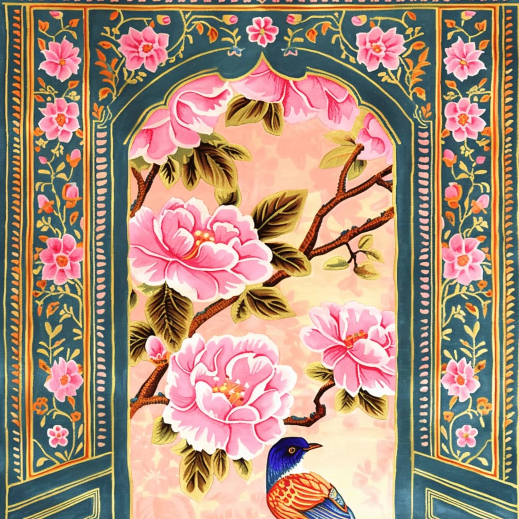 Elegant Royal Aviary Hand Tufted Area Rug featuring vibrant pink floral patterns and a colorful bird, perfect for enhancing the charm of your dining room or living room. This wool rug adds a touch of luxury and style to any space, making it an ideal choice for dining room carpets and living room and dining room rugs.