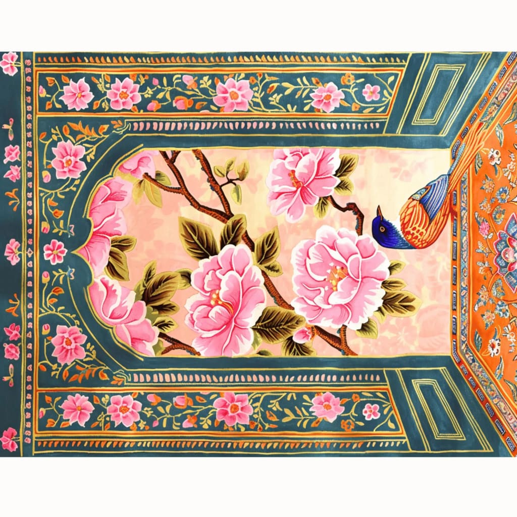 Vibrant and elegant Royal Aviary Hand Tufted Area Rug featuring a stunning floral design with pink blossoms and a colorful bird, perfect for enhancing your dining room or living room. This wool rug brings a touch of nature indoors, making it an ideal choice for dining room carpets or living room and dining room rugs.