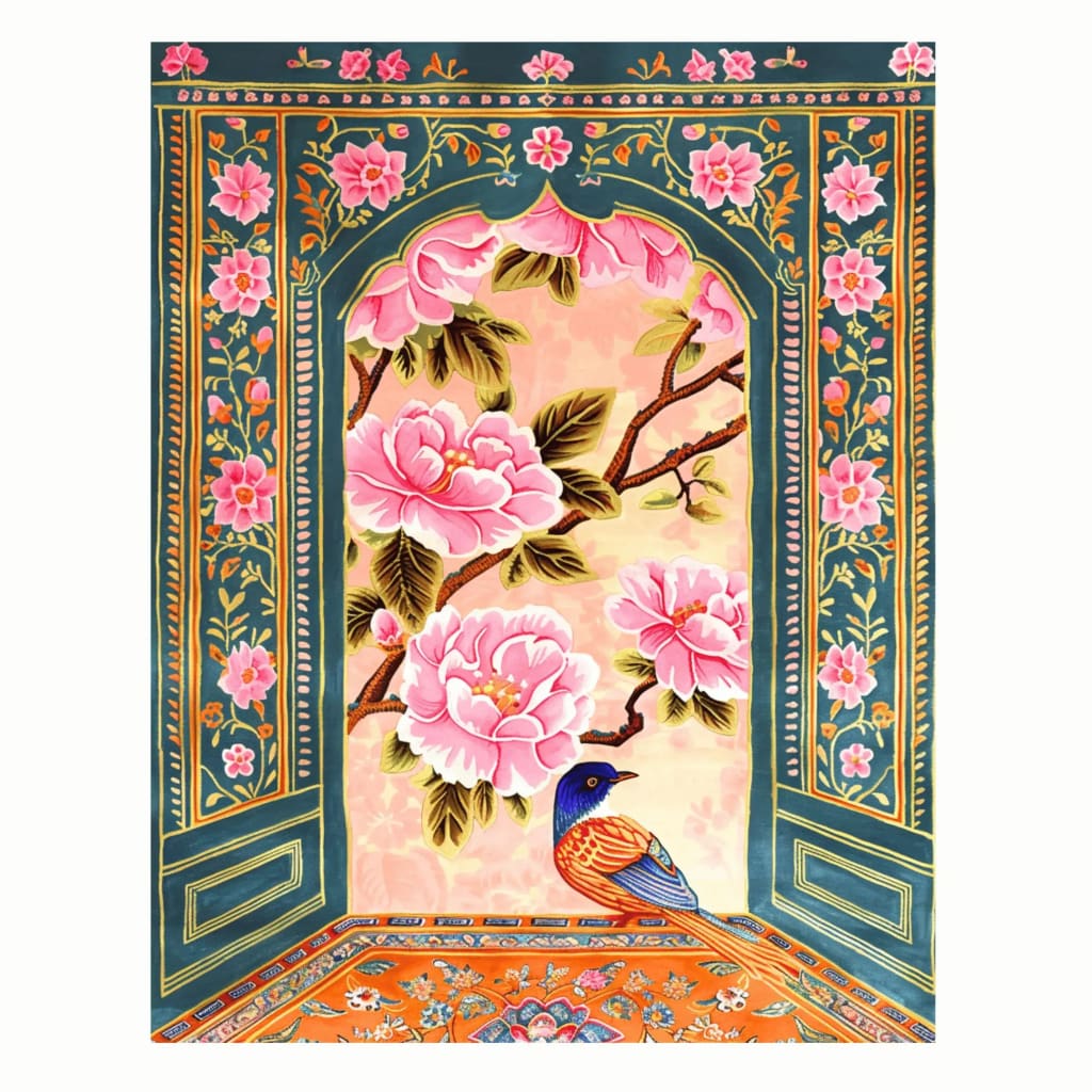 Vibrant Royal Aviary Hand Tufted Area Rug showcasing an intricate floral design with bold pink flowers and a colorful bird, perfect for enhancing dining room aesthetics or adding a touch of elegance to living room spaces. This wool rug captures nature's beauty, ideal for those seeking exquisite dining room carpets or living room and dining room rugs.
