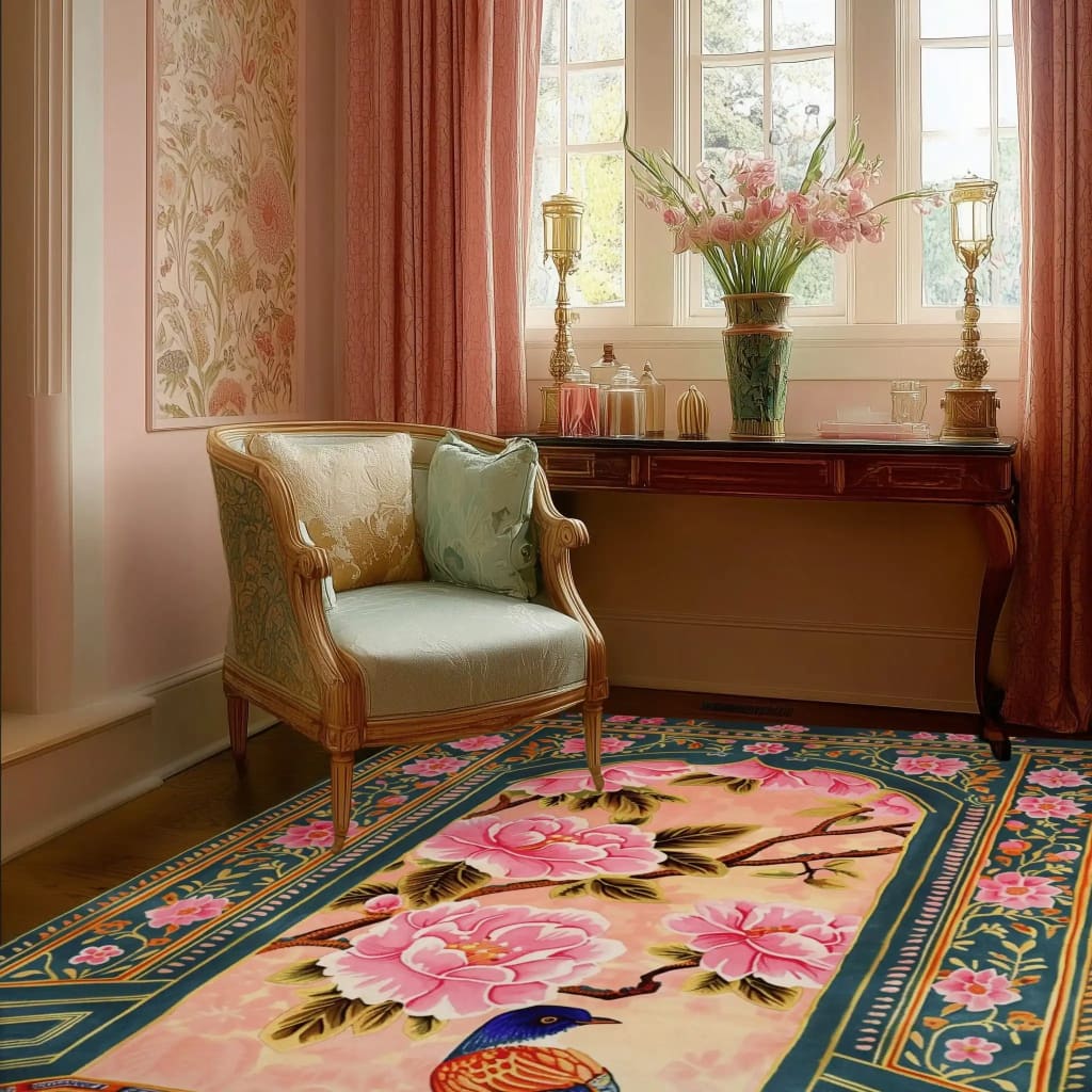 Elegant dining room featuring a Royal Aviary Hand Tufted Area Rug with vibrant floral design. The wool rug adds a touch of sophistication to the room, complementing the classic armchair and ornate decor. Perfect for enhancing living room and dining room spaces with its intricate patterns and warm colors.