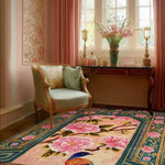 Elegant dining room featuring a Royal Aviary Hand Tufted Area Rug with vibrant floral design. The wool rug adds a touch of sophistication to the room, complementing the classic armchair and ornate decor. Perfect for enhancing living room and dining room spaces with its intricate patterns and warm colors.