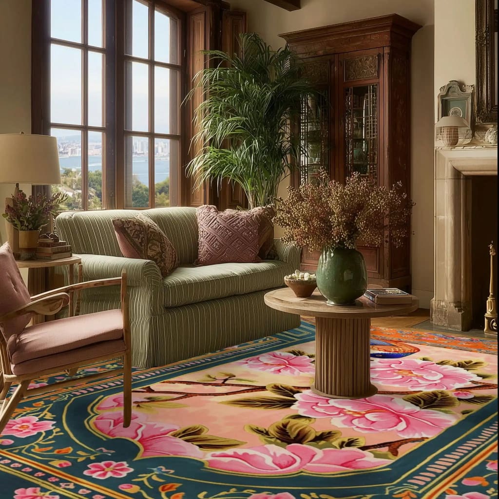 A vibrant Royal Aviary Hand Tufted Area Rug in a living room setting, showcasing a striking floral design with pink and green hues. The wool rug complements the elegant decor, featuring a cozy sofa, armchair, and a round wooden coffee table. Perfect for both dining room and living room, this floral rug adds a touch of nature-inspired beauty to any space.