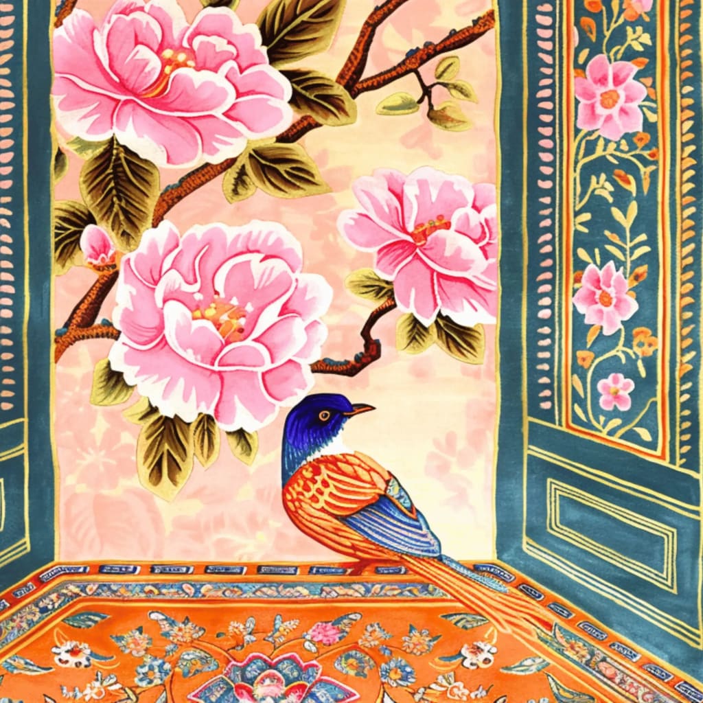 The Royal Aviary Hand Tufted Rug showcases a vibrant floral design with large pink blossoms and a colorful bird, perfect for adding a touch of elegance to dining room and living room spaces. This wool rug features intricate patterns and rich colors that make it an ideal choice for those seeking dining room carpets or living room and dining room rugs.