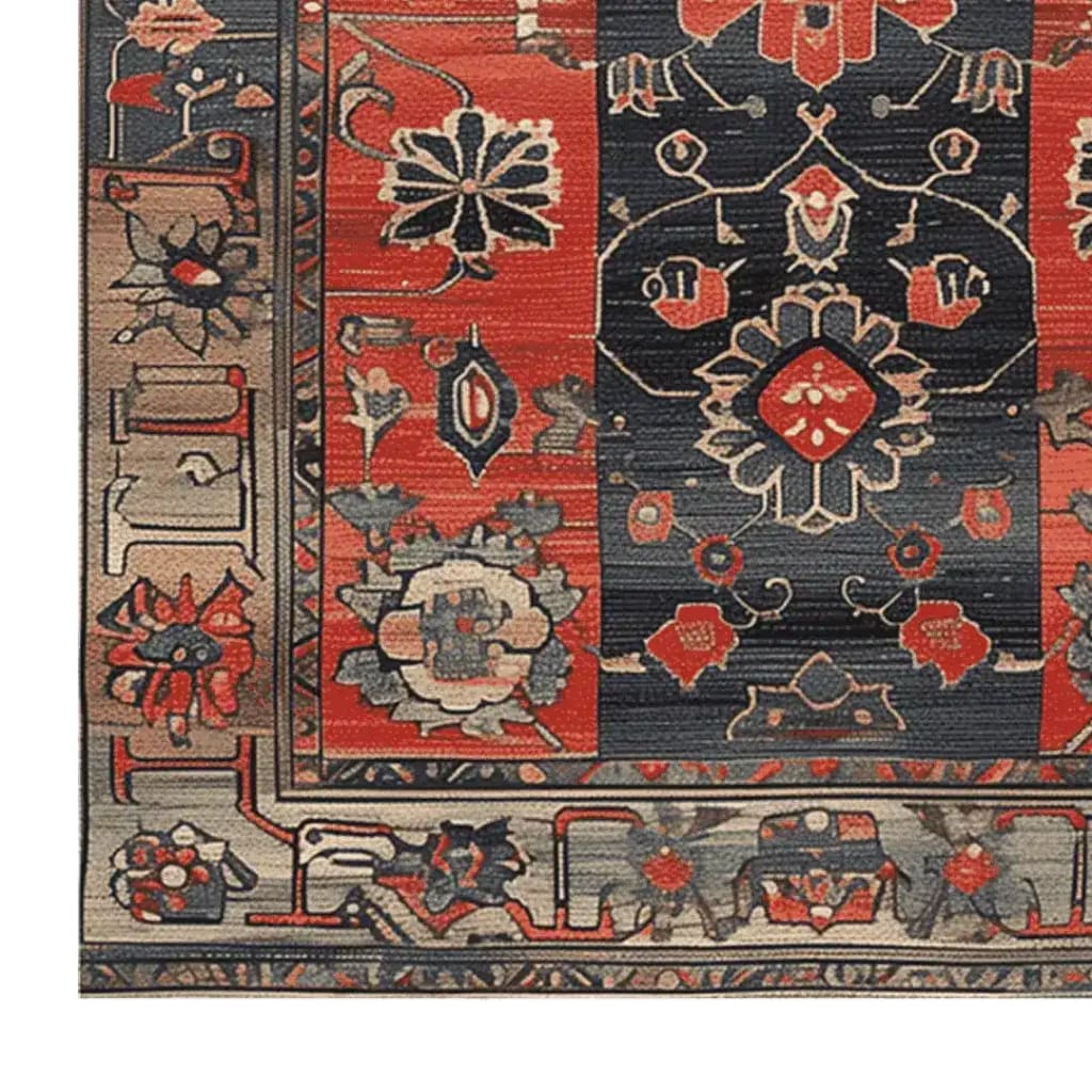 Close-up of the Royal Blossom Hand Knotted Rug, showcasing its intricate vintage design with vibrant floral patterns in rich red, navy, and beige hues. This elegant area rug is perfect for adding a touch of Persian style to living rooms.