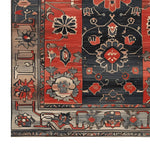 Close-up of the Royal Blossom Hand Knotted Rug, showcasing its intricate vintage design with vibrant floral patterns in rich red, navy, and beige hues. This elegant area rug is perfect for adding a touch of Persian style to living rooms.