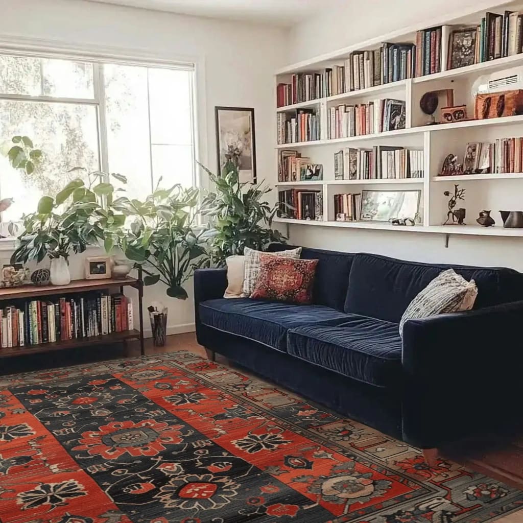 A beautifully styled living room featuring the Royal Blossom Hand Knotted Area Rug. This vintage rug adds a touch of elegance with its intricate patterns and rich colors, perfect for enhancing any living space. Complemented by a deep blue sofa and lush green plants, this Persian rug creates a warm and inviting atmosphere.