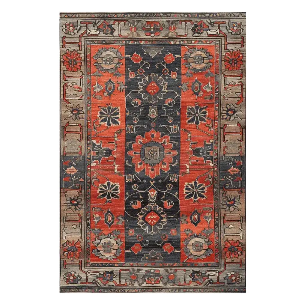 The Royal Blossom Hand Knotted Rug is an exquisite area rug featuring a rich, vintage design. Its intricate floral patterns in deep orange and gray hues make it a perfect accent for any living room. Reminiscent of traditional Persian rugs, this piece adds a touch of elegance and history to modern spaces.