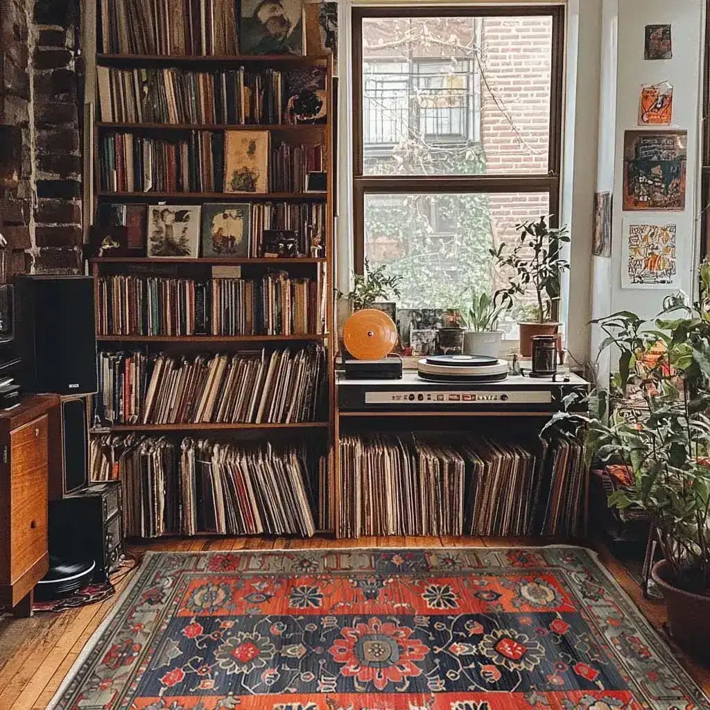 Cozy living room featuring a Royal Blossom Hand Knotted Area Rug with vintage floral patterns. This Persian rug adds warmth and elegance to the room, surrounded by bookshelves and plants.