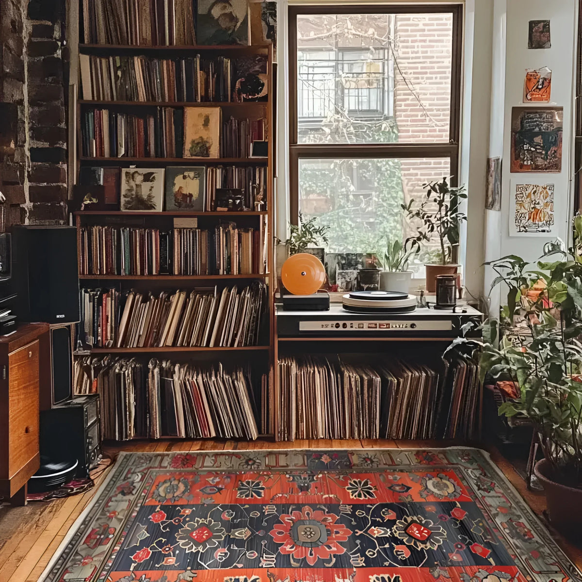 Cozy living room featuring a Royal Blossom Hand Knotted Area Rug with vintage floral patterns. This Persian rug adds warmth and elegance to the room, surrounded by bookshelves and plants.