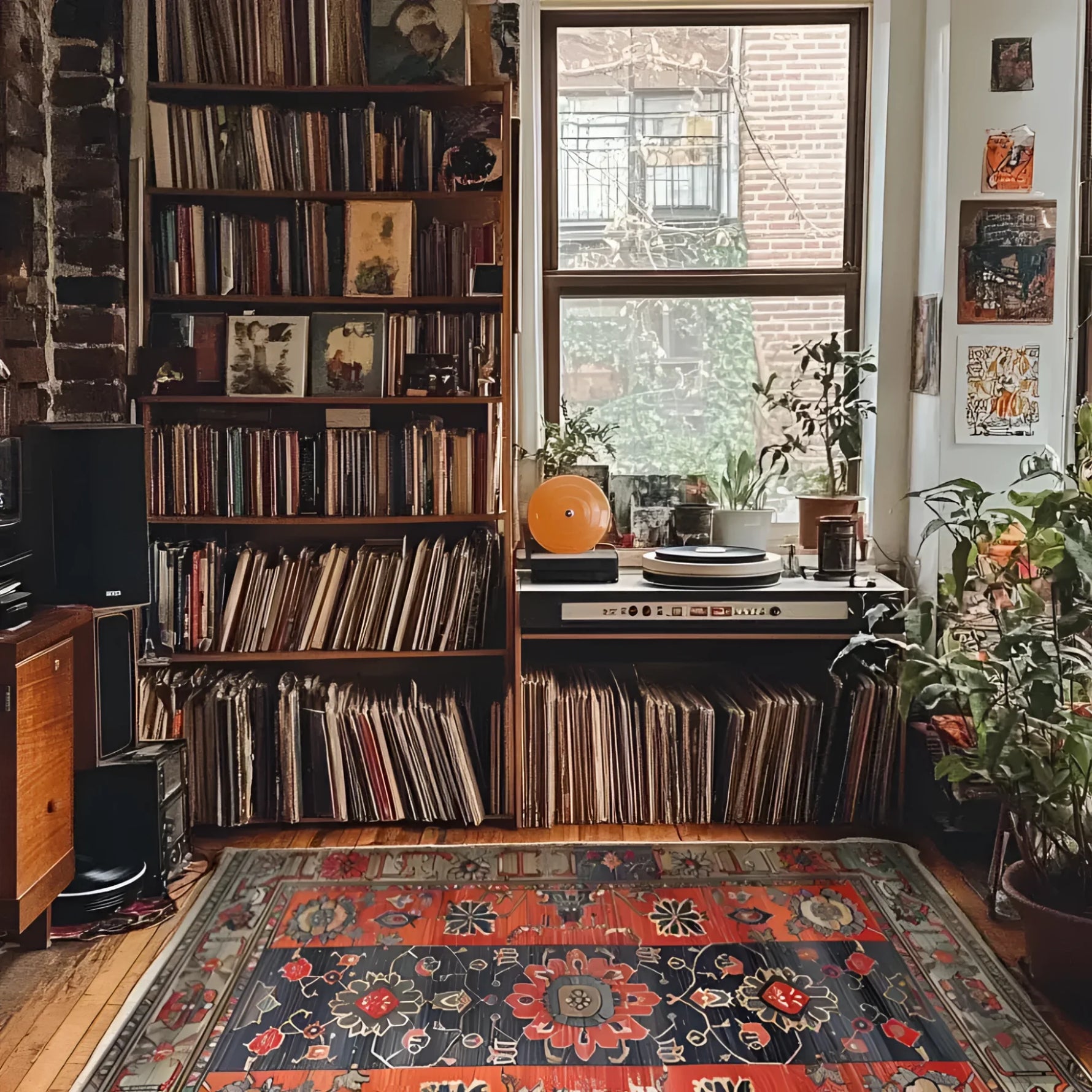 Cozy living room featuring a Royal Blossom Hand Knotted Area Rug with vintage floral patterns. This Persian rug adds warmth and elegance to the room, surrounded by bookshelves and plants.