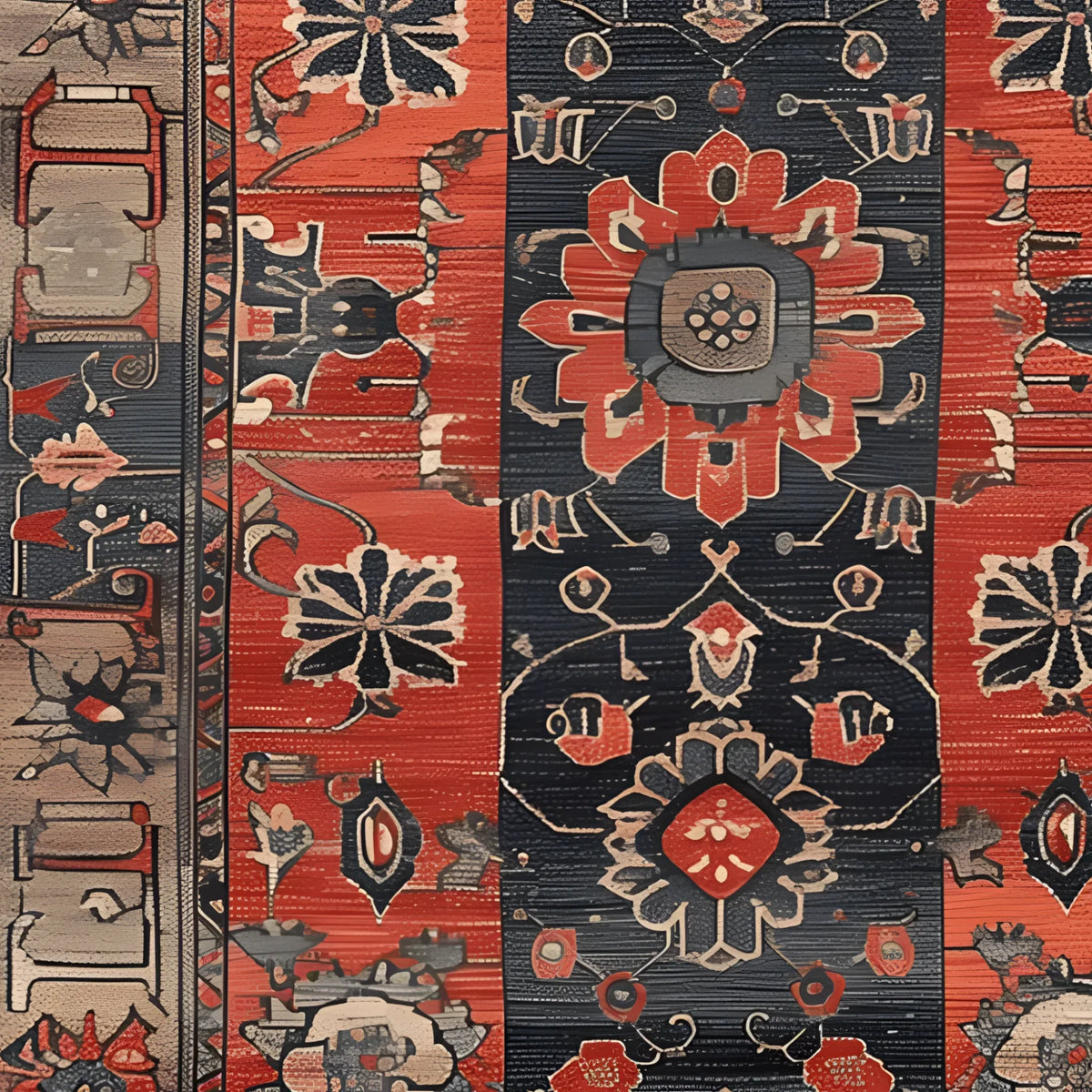 Close-up view of a Royal Blossom Hand Knotted Area Rug featuring intricate vintage patterns in rich reds and deep blues, perfect for adding a Persian rug style to your living room.