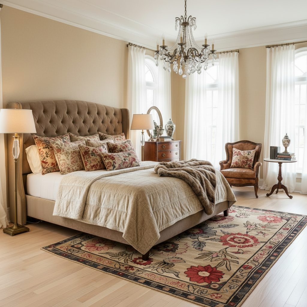 Luxurious bedroom with a large bed, decorative pillows, and a chandelier.