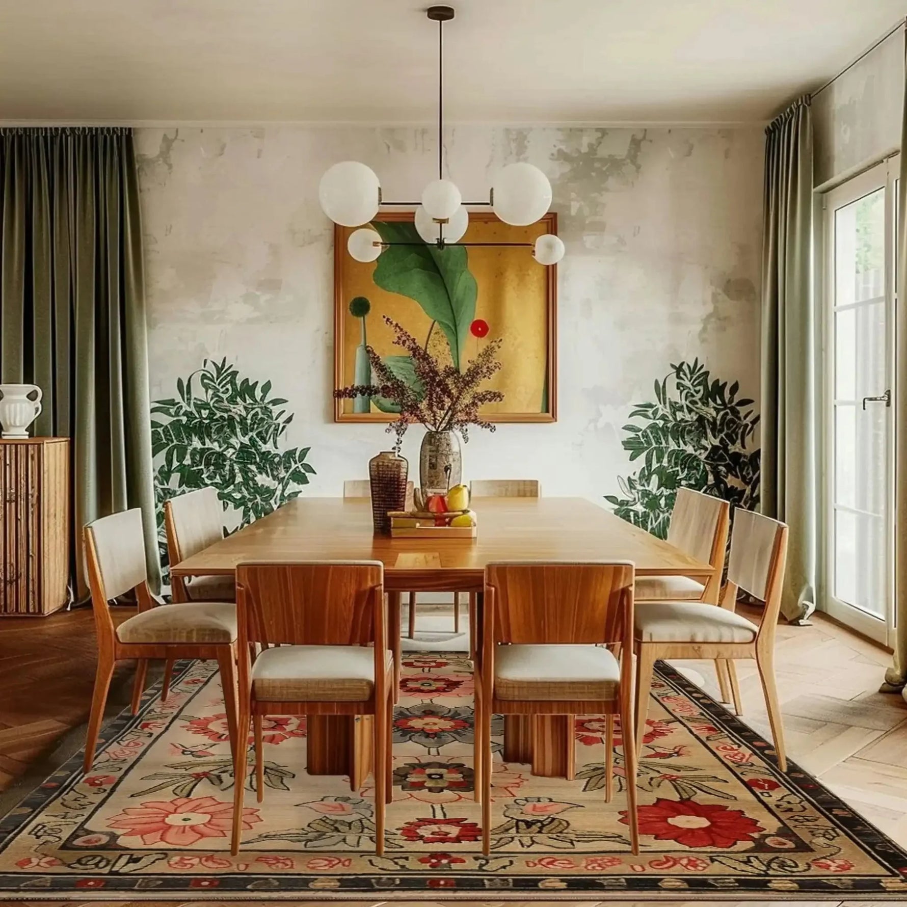 A beautifully styled living room featuring the Royal Blossom Hand Tufted Area Rug. This stunning floral rug in an 8x10 size complements the vintage decor with its intricate woolen design. Perfect for large living rooms, this large area rug enhances the space with vibrant colors and a timeless pattern.