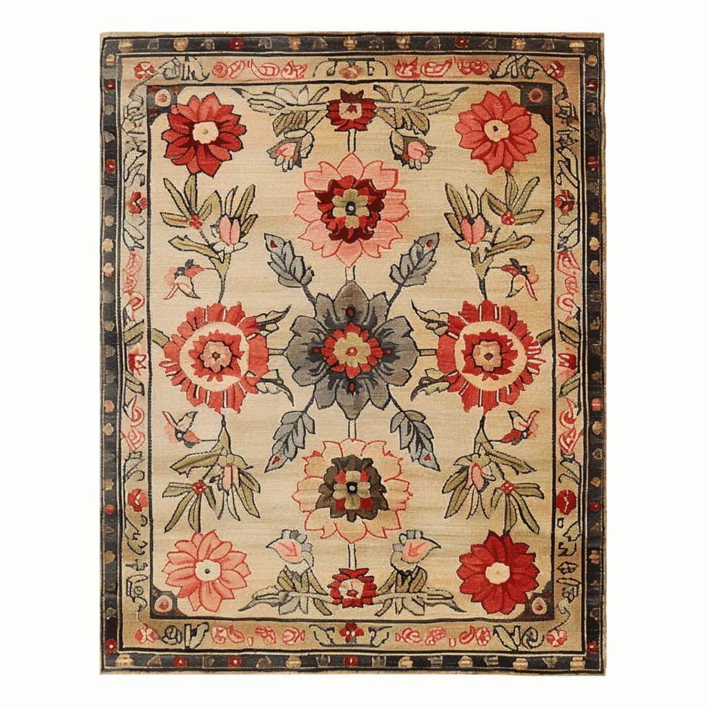 Royal Blossom Hand Tufted Area Rug featuring a vintage floral design, perfect for large living rooms. This 8x10 wool rug showcases vibrant red and beige tones, adding a touch of elegance and warmth to your living space.