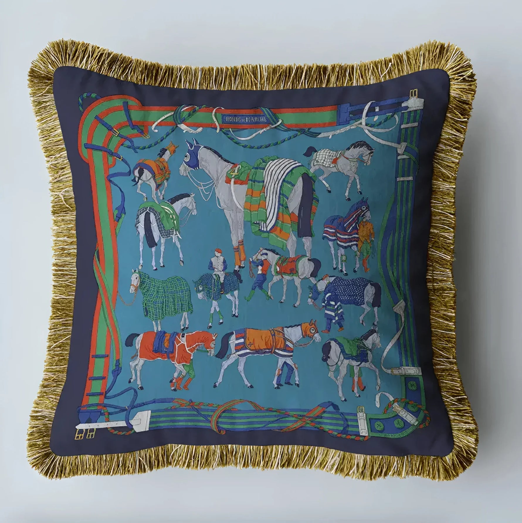 Royal dressage horse velvet throw pillow with fringes, featuring colorful equestrian designs and intricate detailing.