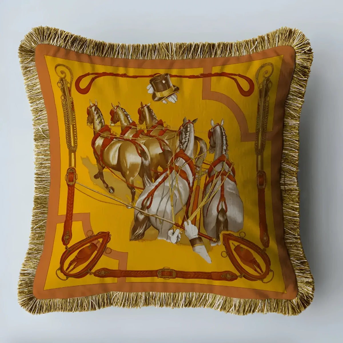 Royal dressage horse throw pillow cover with fringes, featuring a vibrant design of horses and equestrian gear on a yellow background.