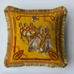 Royal dressage horse throw pillow cover with fringes, featuring a vibrant design of horses and equestrian gear on a yellow background.