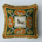 Royal dressage horse velvet throw pillow cover featuring intricate equestrian designs and fringes