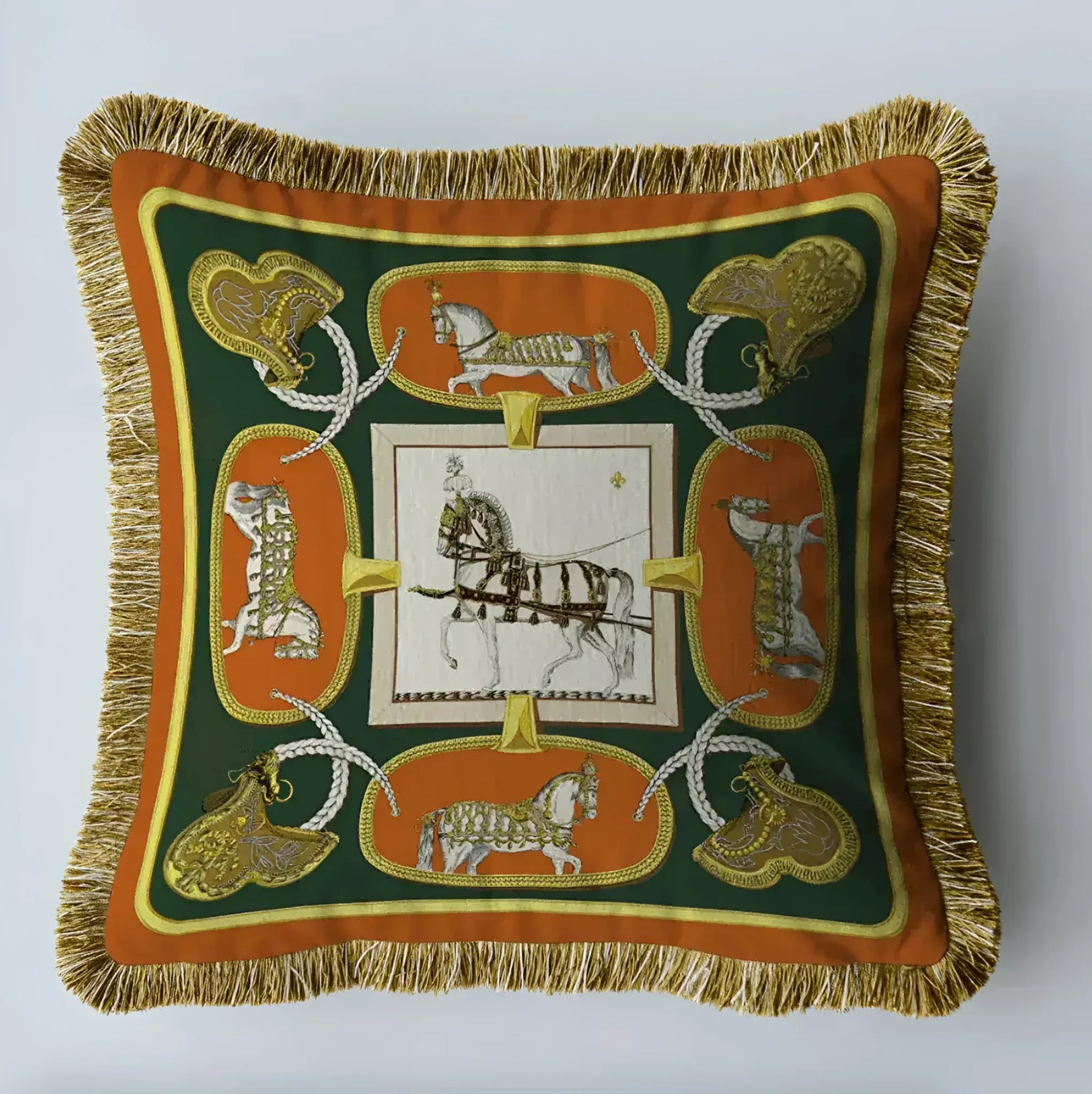 Royal dressage horse velvet throw pillow cover featuring intricate equestrian designs and fringes