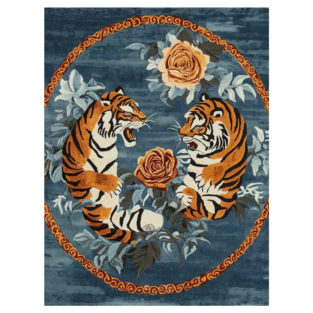 Elegant area rug featuring two tigers surrounded by vibrant floral patterns, set against a deep blue background. This hand tufted wool rug combines vintage charm with modern design, making it a perfect choice for living room rugs 8x10. Ideal for those seeking a stylish floral rug or a statement living room area rug.