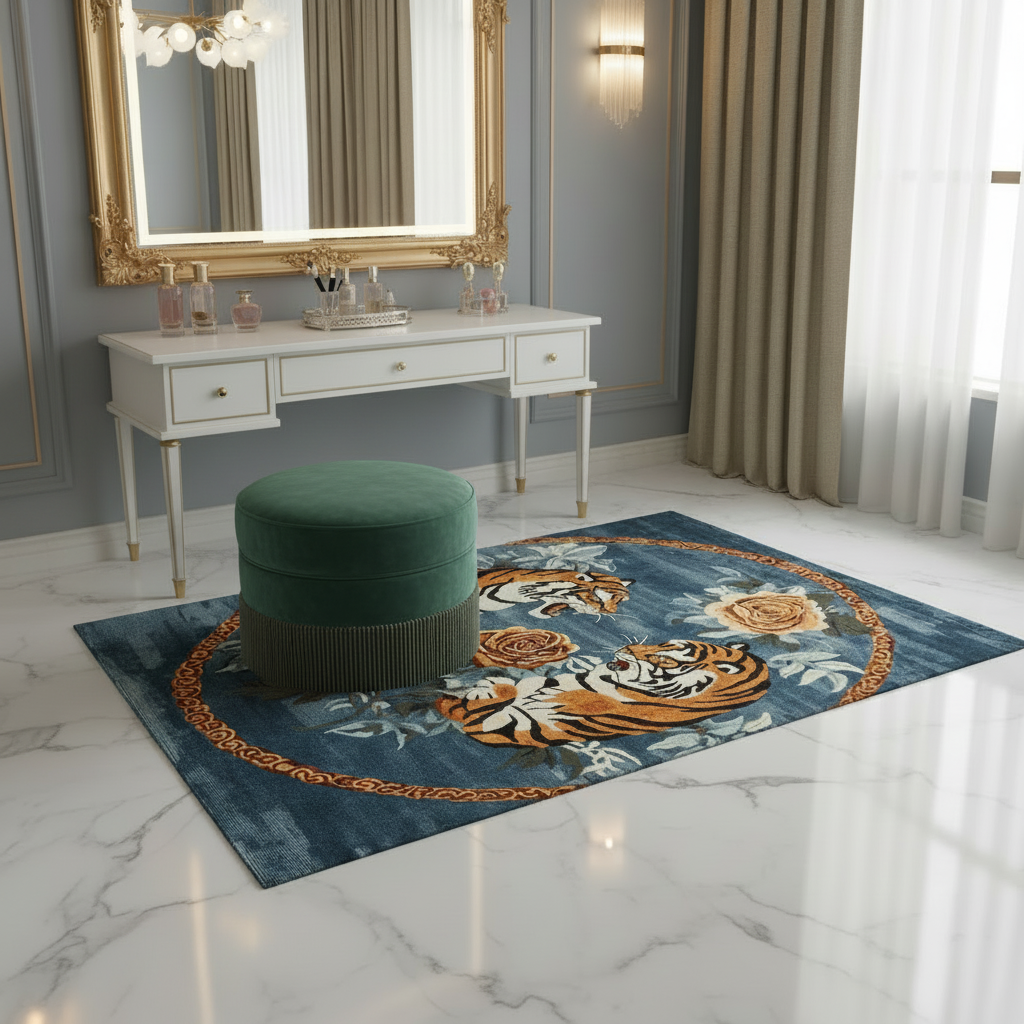Decorative rug with tiger design in a stylish room with a vanity table and mirror.