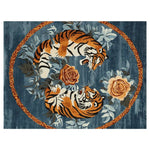 Beautiful hand tufted wool rug featuring an intricate design with two tigers surrounded by vibrant floral patterns on a deep blue background. Ideal for adding a touch of vintage elegance to your living room. Perfect as an 8x10 area rug, this piece combines the charm of a floral rug with the durability of a wool rug, making it an excellent choice for living room area rugs.