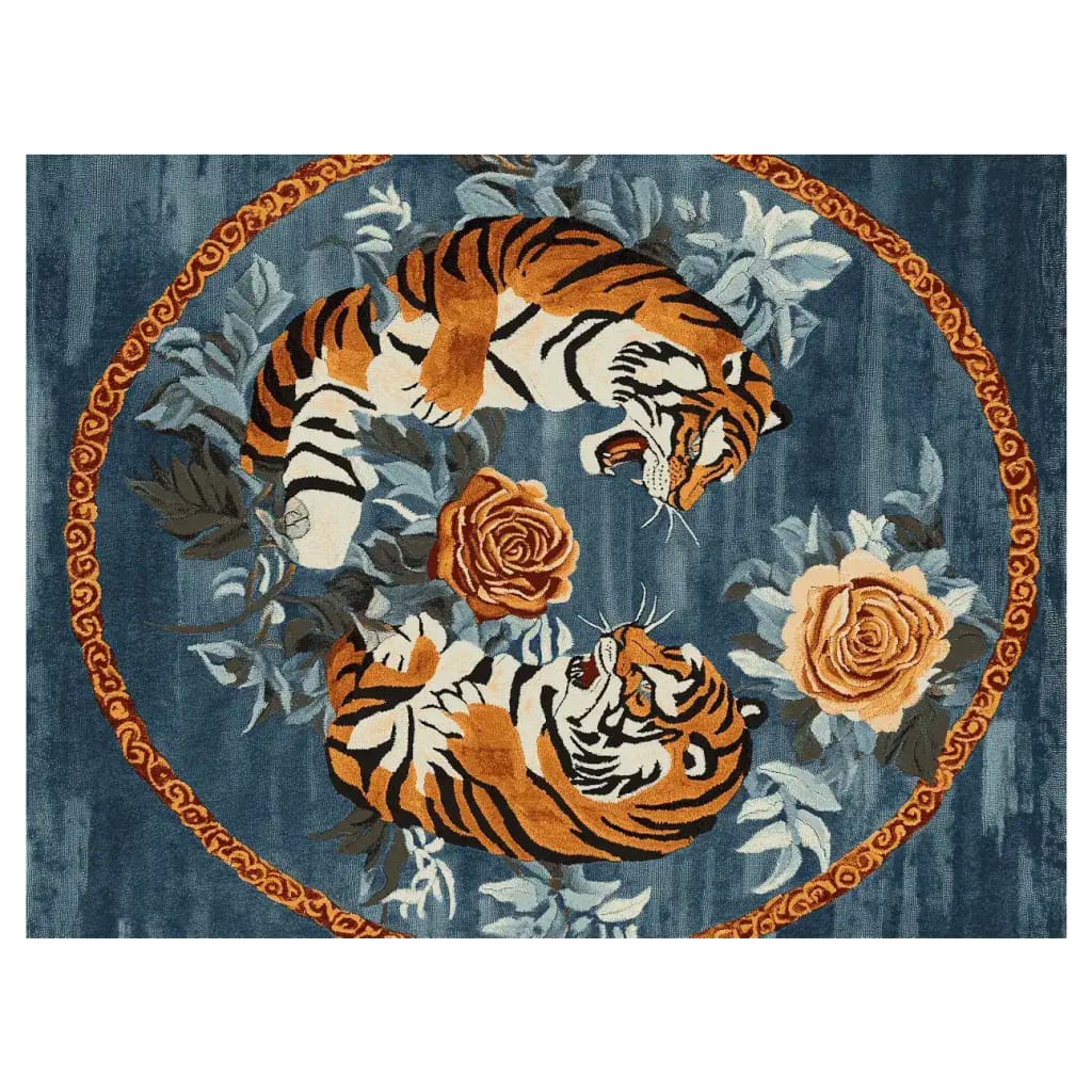 Beautiful hand tufted wool rug featuring an intricate design with two tigers surrounded by vibrant floral patterns on a deep blue background. Ideal for adding a touch of vintage elegance to your living room. Perfect as an 8x10 area rug, this piece combines the charm of a floral rug with the durability of a wool rug, making it an excellent choice for living room area rugs.