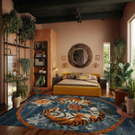 A stylish living room featuring an 8x10 area rug with a vibrant design of tigers and roses. This hand-tufted, vintage-inspired wool rug adds a touch of elegance and warmth, perfect for enhancing any living room space.