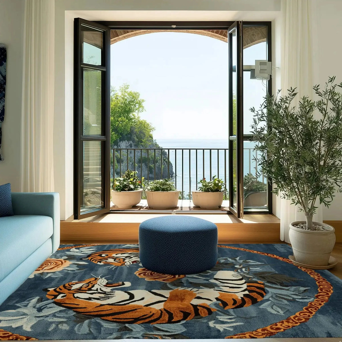 A vibrant Royal Duel Hand Tufted Rug featuring an abstract tiger design in a living room setting. The area rug, perfect for an 8x10 space, showcases a blend of floral and vintage motifs, crafted from high-quality wool. The rug complements the modern decor, with an open balcony view adding to the serene ambiance.