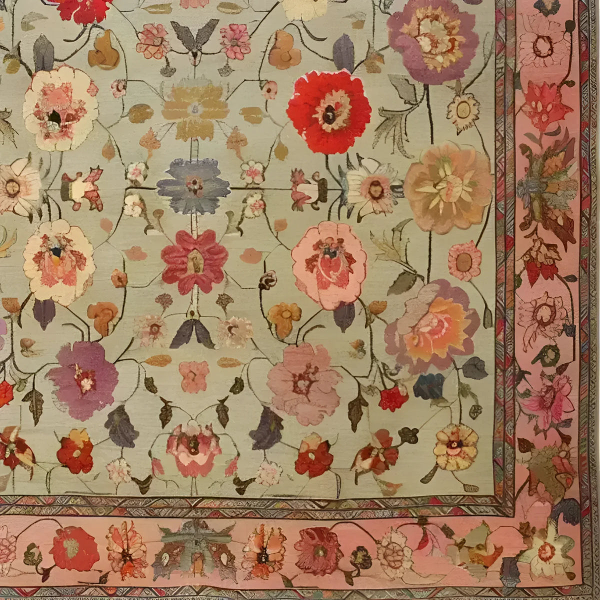 A beautifully detailed Royal Elegance Hand Knotted Area Rug featuring a vibrant floral design. This square area rug showcases intricate vintage patterns with colorful flowers spread across a wool surface, perfect for adding a touch of elegance to a living room or bedroom. The Persian-inspired design makes it a luxurious addition to any large living room, combining style and comfort.