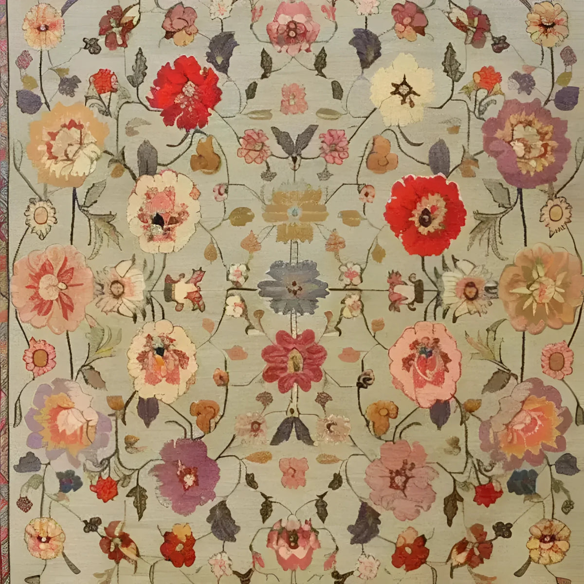 Beautiful Royal Elegance hand-knotted area rug showcasing a vibrant floral design, perfect as a square area rug for living room or bedroom. This large living room rug features a vintage Persian style in soft wool, adding a touch of elegance and color to any space.