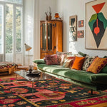 Beautiful living room featuring a Royal Elephants Tapestry Wool Hand Knotted Area Rug. This square area rug, ideal for both a large living room and office spaces, showcases intricate Persian designs with vibrant colors, adding a touch of elegance to the room. The wool rug complements the modern decor, making it a standout piece among other rugs for office and living room settings.