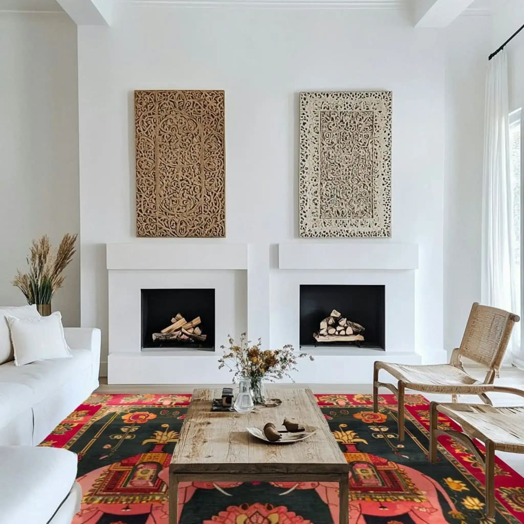 A stunning Royal Elephants Tapestry Wool Hand Knotted Area Rug enhances a modern living room. The large square area rug features intricate Persian-inspired designs, ideal for both living room and office spaces. Its rich colors and detailed patterns create a warm and inviting atmosphere, complementing the contemporary decor with natural wood elements.
