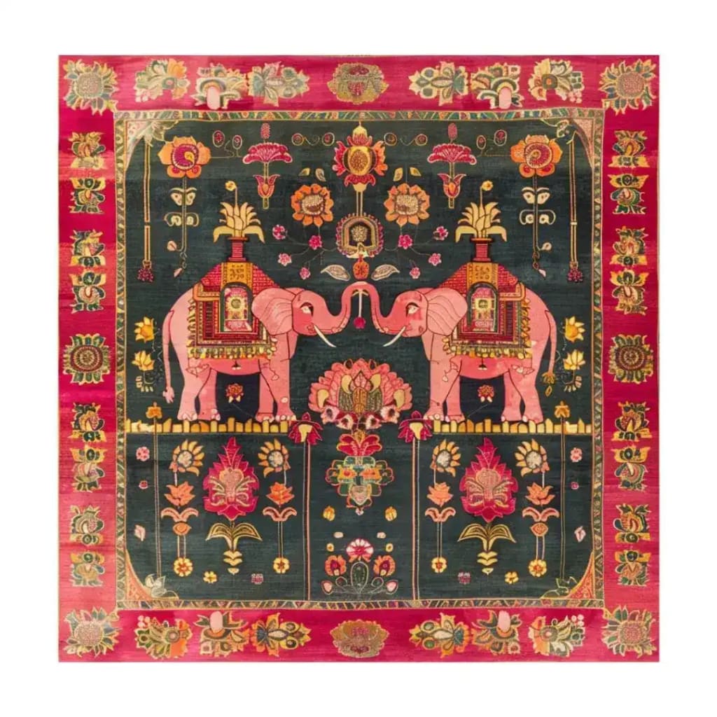 Beautiful Royal Elephants Tapestry Wool Hand Knotted Area Rug, featuring vibrant colors and intricate patterns with elephants and floral motifs. Ideal for large living rooms or offices, this square rug adds a touch of Persian elegance to any space.