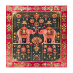 Beautiful Royal Elephants Tapestry Wool Hand Knotted Area Rug, featuring vibrant colors and intricate patterns with elephants and floral motifs. Ideal for large living rooms or offices, this square rug adds a touch of Persian elegance to any space.