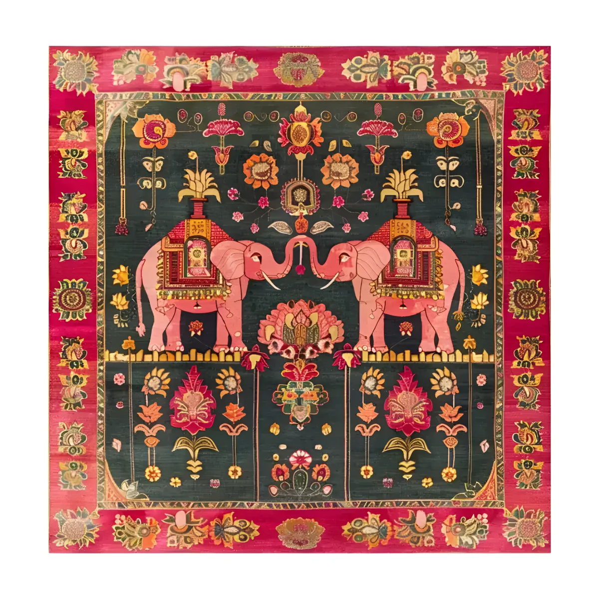 Beautiful Royal Elephants Tapestry Wool Hand Knotted Area Rug, featuring vibrant colors and intricate patterns with elephants and floral motifs. Ideal for large living rooms or offices, this square rug adds a touch of Persian elegance to any space.