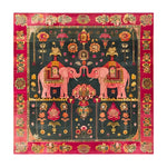 Beautiful Royal Elephants Tapestry Wool Hand Knotted Area Rug, featuring vibrant colors and intricate patterns with elephants and floral motifs. Ideal for large living rooms or offices, this square rug adds a touch of Persian elegance to any space.