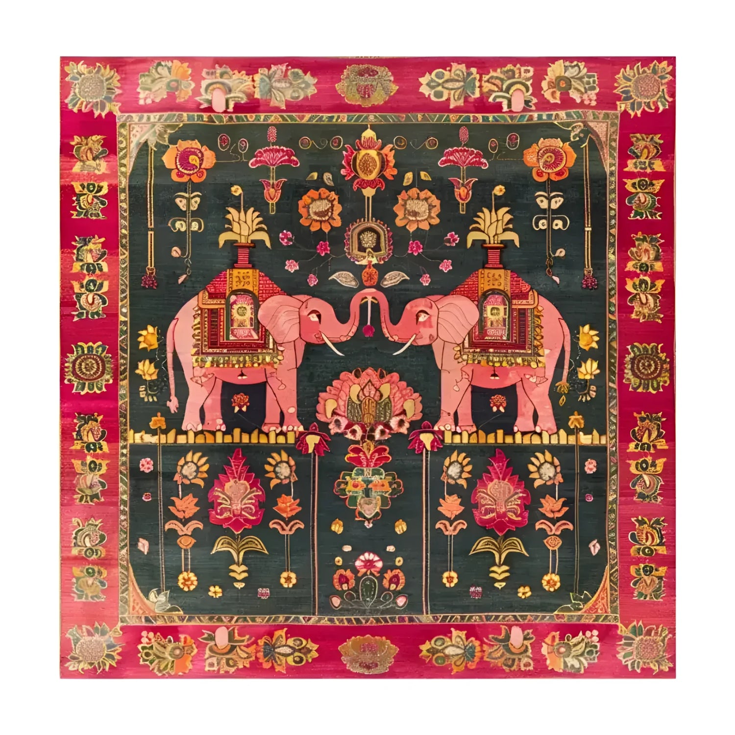 Beautiful Royal Elephants Tapestry Wool Hand Knotted Area Rug, featuring vibrant colors and intricate patterns with elephants and floral motifs. Ideal for large living rooms or offices, this square rug adds a touch of Persian elegance to any space.